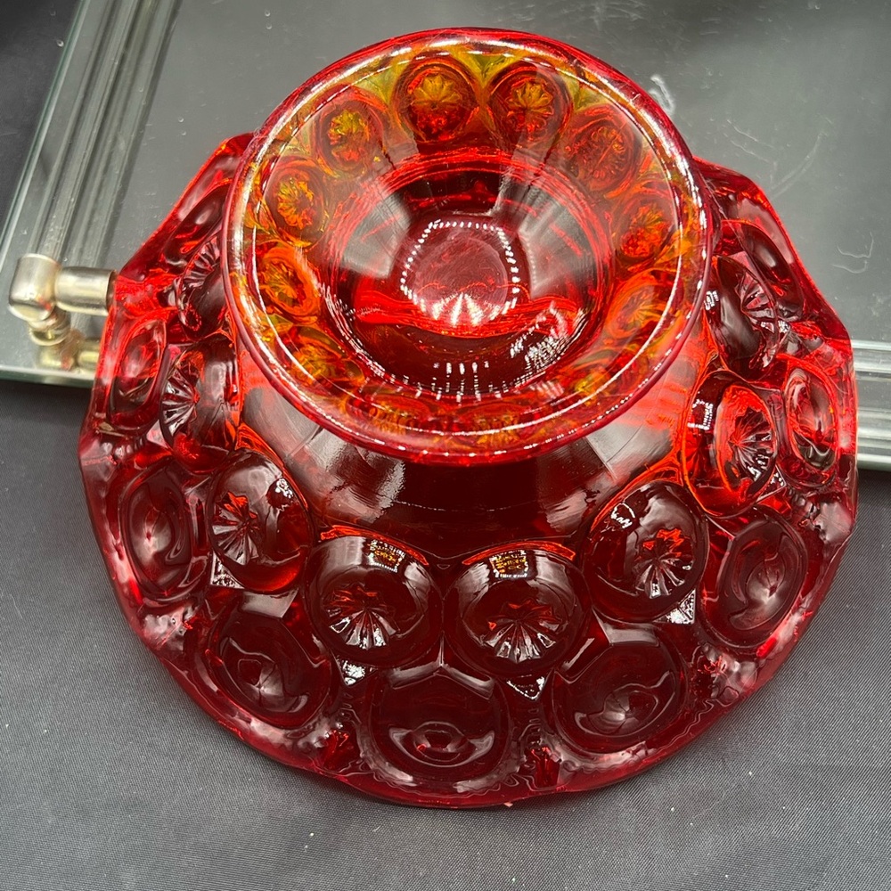 Vintage LE Smith Moon & Stars Ruby Red & Amberina Glass Footed Bowl ~ GLOWS - Picture 9 of 10